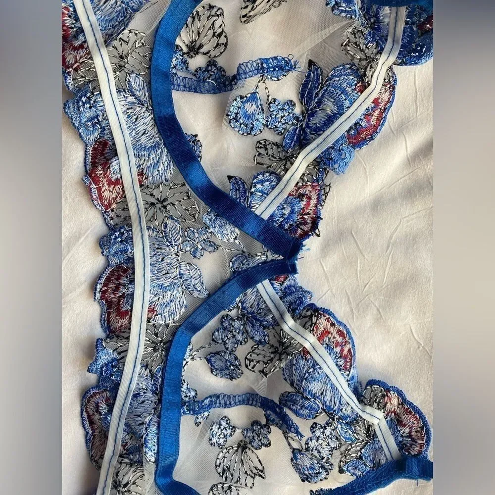 new. blue embroidered lace and tulle bra and thong set,